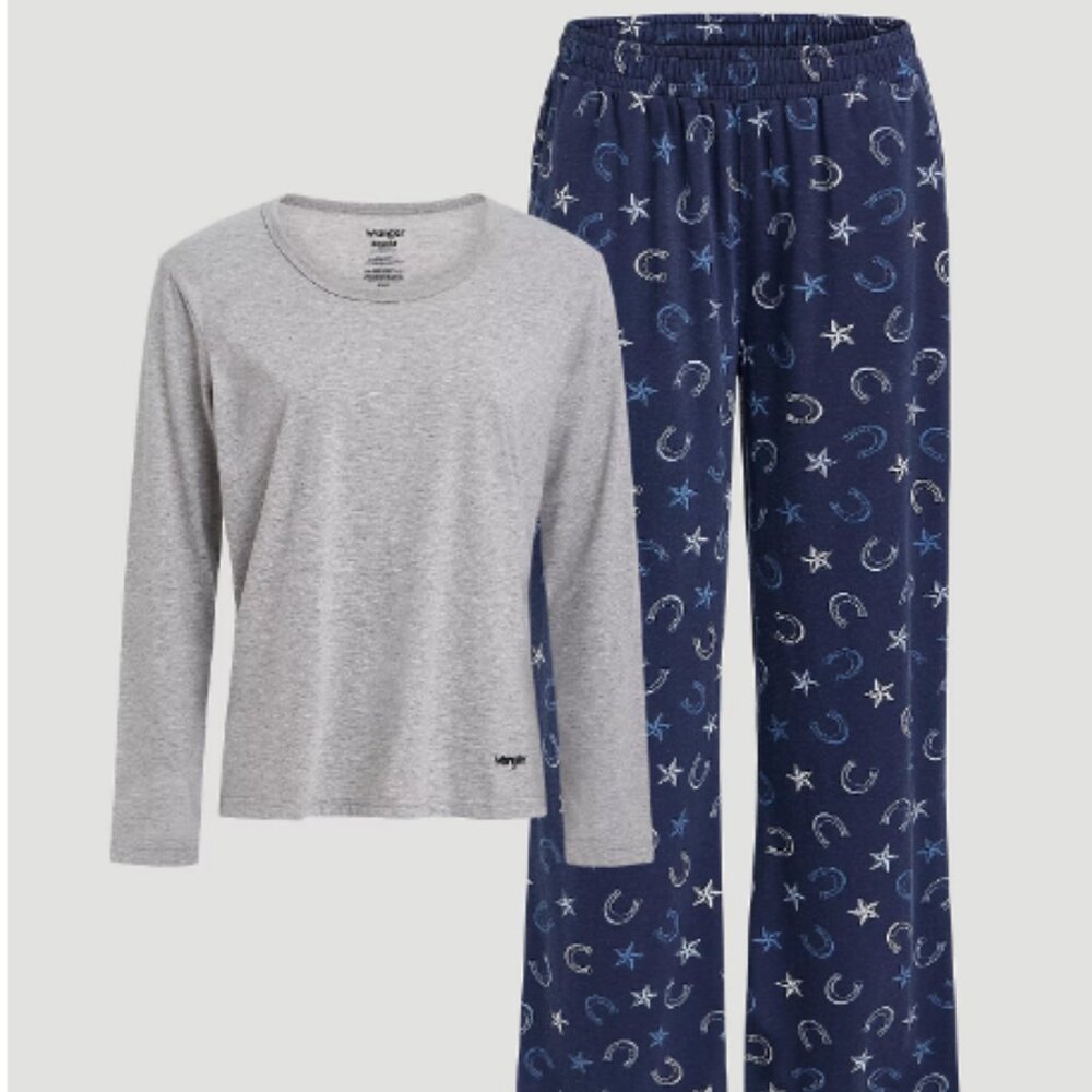 Pajama Set Womens XL Navy Gray Long Sleeve print tagless